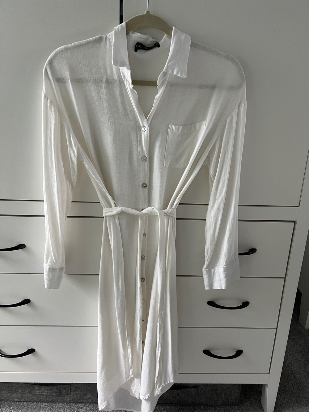 White Long-Sleeve Button-Front Cover-up Shirt Dress with removable Tie Waist